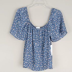 MINE BRITTON| NWT Floral Scoop Neck Short Sleeve Pop Over Peasant Blouse Top